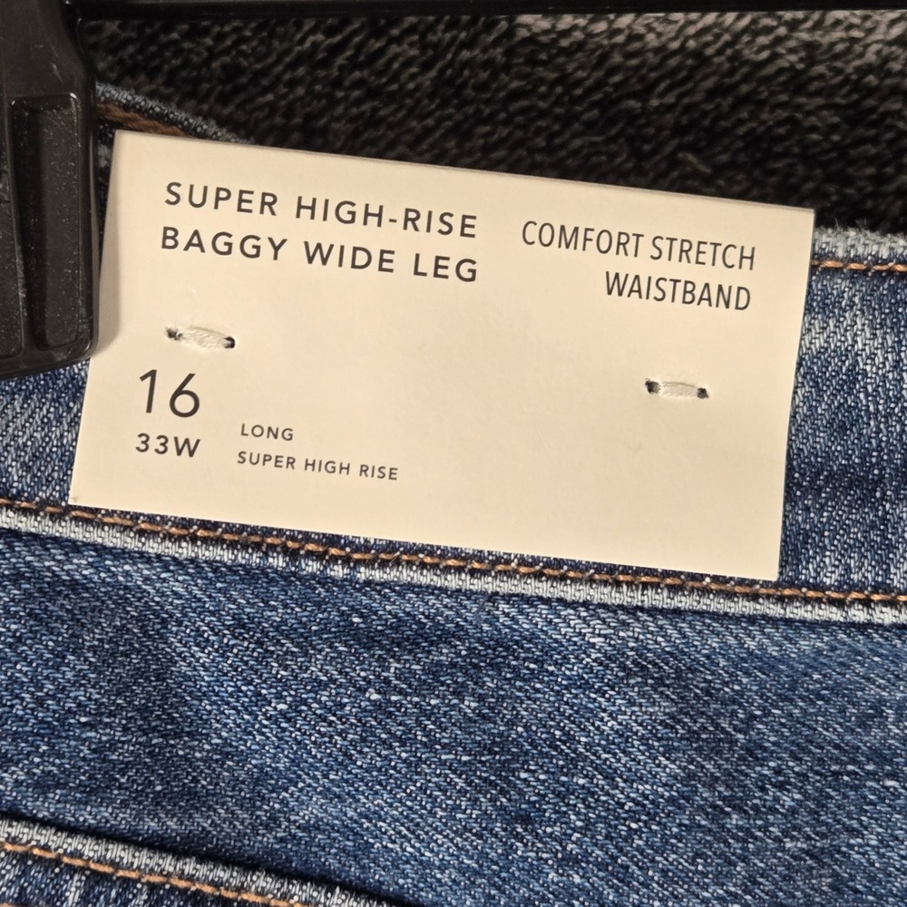 American Eagle Super High-Rise Baggy Wide Leg Jeans Blue 16 Long NEW Distressed - Picture 5 of 9